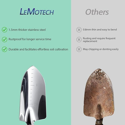 LeMotech Garden Tool Set,10 Pieces Heavy Duty Gardenting Tool Kit, Folding Stool with Detachable Tote Bag, Thicker Stainless Steel Tools (Trans-Planter,Trowel,Weeder etc.) for Women Men