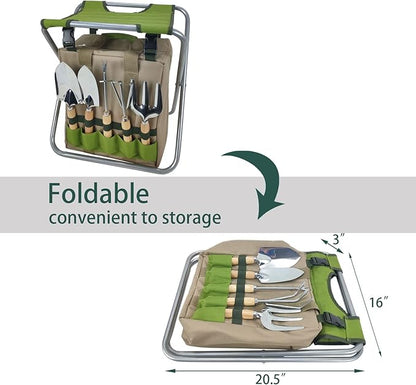 Garden Folding Gardener Stool with Gardening Tools Insulation Garden Bags Plus 5 Garden Tools and Gardening Kneeler Ideal Gift for Mother's Day/Father's Day (Green)