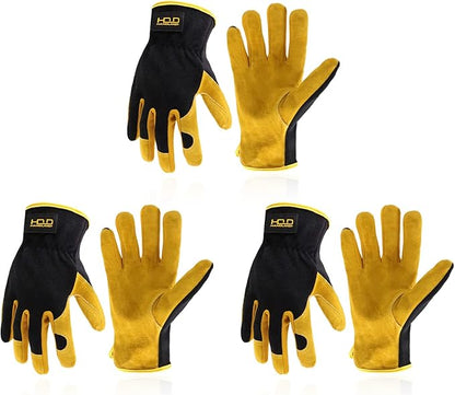 HANDLANDY Men Leather Gardening Gloves, Utility Work Gloves for Mechanics, Construction, Driver