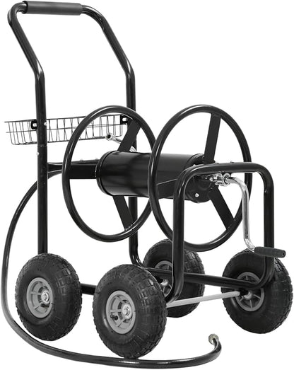 Garden Water Hose Reel Cart Tools with Wheels Garden Lawn Water Truck Water Planting Cart Heavy Duty Outdoor Yard Water Planting Holds 300-Feet of 5/8-Inch Hose with Storage Basket (Black)