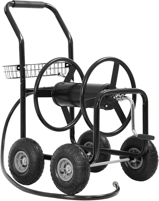 Garden Water Hose Reel Cart Tools with Wheels Garden Lawn Water Truck Water Planting Cart Heavy Duty Outdoor Yard Water Planting Holds 300-Feet of 5/8-Inch Hose with Storage Basket (Black)