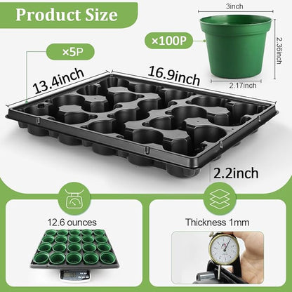 3 Inch Nursery Pots 100 Pcs with 5 Pcs 20 Cell Nursery Pot Trays, 5 Sets Seed Starting Kit for Seedlings, Propagation and Home Gardening, Sturdy Green Seeds Starter Pot Tray Germination Set