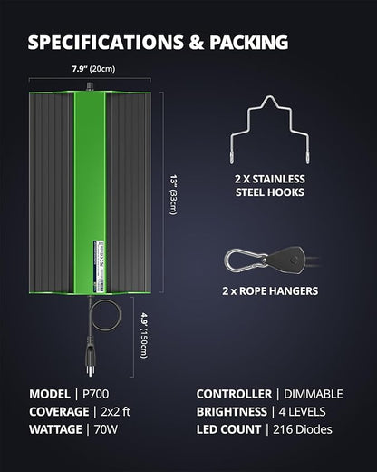 VIPARSPECTRA P700 Grow Light, 70 Watt Dimmable Full Spectrum Plant Light, LED Grow Lights for Indoor Plants Seed Starting Seedlings Vegetable,11000 Lumens Small Hanging Growing Lamp for 2x2 Grow Tent