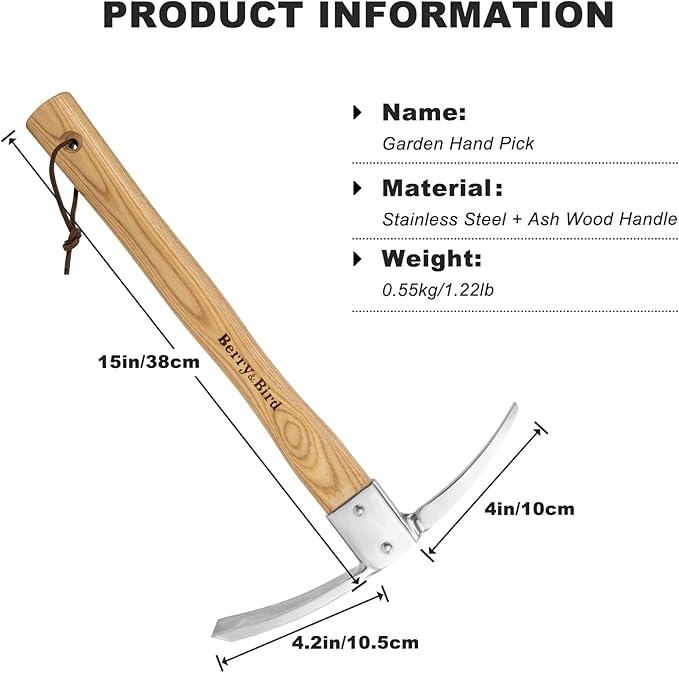 Berry&Bird Gardening Pick Axes, Stainless Steel Pickaxe Mattock Hoe with Wooden Handle, Heavy Duty Pick Axe Hand Tool for Transplanting Digging Planting Loosening Soil Camping or Prospecting