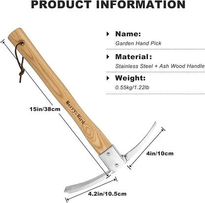 Berry&Bird Gardening Pick Axes, Stainless Steel Pickaxe Mattock Hoe with Wooden Handle, Heavy Duty Pick Axe Hand Tool for Transplanting Digging Planting Loosening Soil Camping or Prospecting