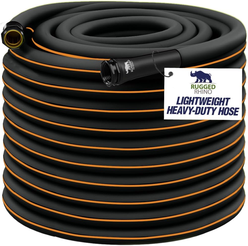 Rugged Rhino Heavy Duty Flexible Light Weight Garden Hose, 75ft x 5/8in, 4 Layer Leakproof Outdoor Gardening Tools, Watering Supplies, Powerful Water Pressure for Lawn, Flowers, Black Orange