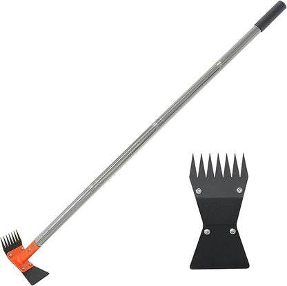 2-in-1 Garden Hoe and Weed Puller Rake, 60 Inch Adjustable Long Handle Weeding Tool Heavy Duty Spring Steel Head with Sand Grain Coating, Weed Remover for Garden, Yard, Lawn, Driveway