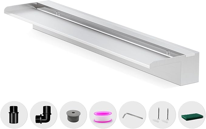 Waterfall Pool Fountain, LONGRUNNEW Stainless Steel Waterfall Spillway with Pipe Connector Kits for Outdoor/Indoor Decorative, 35.4 Inches Pool Water Feature for Garden Patio, Backyard Koi Pond Decor