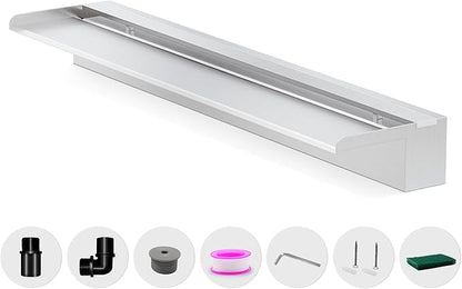 Waterfall Pool Fountain, LONGRUNNEW Stainless Steel Waterfall Spillway with Pipe Connector Kits for Outdoor/Indoor Decorative, 35.4 Inches Pool Water Feature for Garden Patio, Backyard Koi Pond Decor