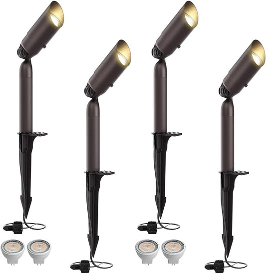 Outdoor Low Voltage Landscape Lighting - 12V Cast Aluminum Spot Lights with 5W 3000K Warm White LED Bulb Waterproof Spotlights Uplights with Wired Connectors for Yard Pathway Garden Tree Wall , 4 Pack