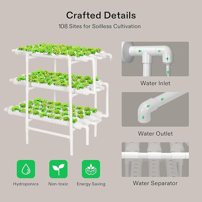 VIVOSUN Hydroponics Growing System 108 Plant Sites, 3 Layers 12 Food-Grade PVC-U Pipes Gardening System Grow Kit with Water Pump Timer, Nest Basket and Sponge for Leafy Vegetables
