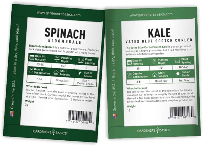 Gardeners Basics Lettuce and Greens Heirloom Vegetable Seed Non-GMO Seeds for Planting Indoors and Outdoor - Lettuce Buttercrunch, Romaine, Arugula, Kale and Spinach, Pack of 5