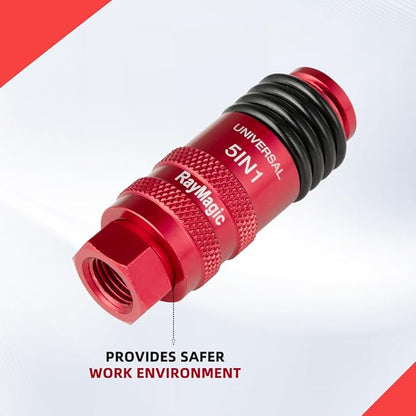 RayMagic Upgraded 5IN1 Universal Quick Industrial Connect Coupler, 1/4" Female NPT, Air Hose Fittings, 6-Balls Release Sleeve, 1/4" Body Size, Red(1-Piece)