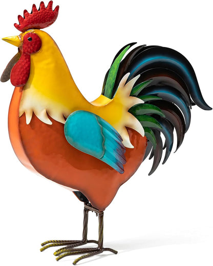 Glitzhome Metal Vibrant Standing Rooster Statue, Rustic Yard Signs 21 Inch Garden Rooster Sculpture for Farm Patio Lawn Porch Home Decor