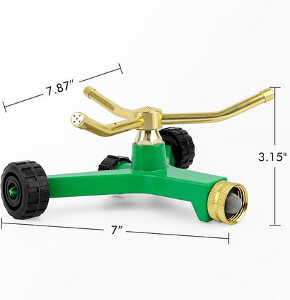 [2 Pack] RESTMO 3-Arm Metal Sprinkler with Wheel Base, 360 Degree Automatic Rotary Lawn Sprinkler System for Garden Plant, Flower Bed and Yard Watering and Large Yard Area Watering