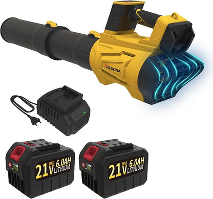 Leaf Blower Cordless Brushless with 6Ah Battery*2 and Charger, Strap, 21V Quiet 6-Speed Electric Leaf Blower with Display for Lawn Care, Leaves & Snow(Yellow)