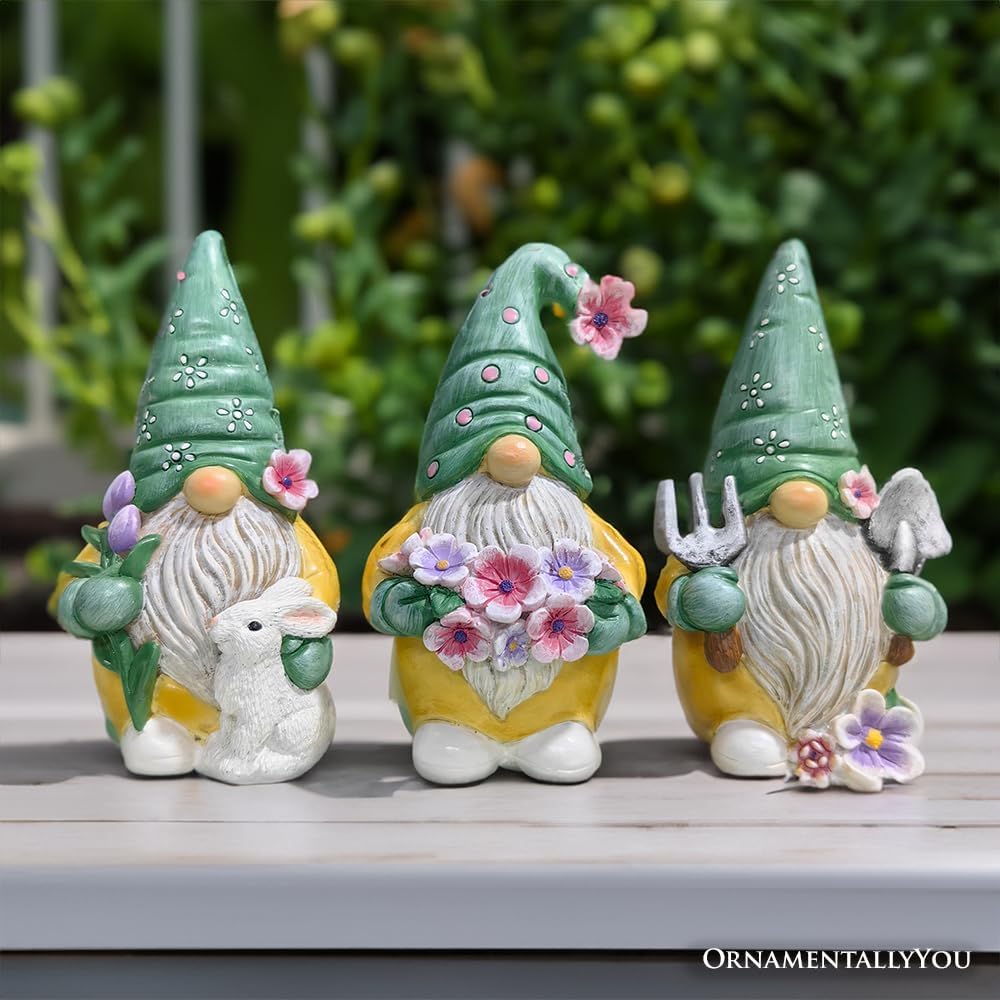 Spring & Summer-Themed Garden Statues – Adorable Outdoor Decor for Lawn, Patio & Porch (Garden Guardians Set of Three 6" Gardening Gnome Figurines, Floral Green and Yellow Statue Decor)