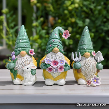 Spring & Summer-Themed Garden Statues – Adorable Outdoor Decor for Lawn, Patio & Porch (Garden Guardians Set of Three 6" Gardening Gnome Figurines, Floral Green and Yellow Statue Decor)