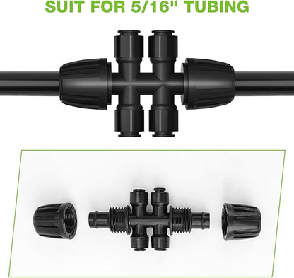 Bonviee 10 Pack 5/16” to 1/4” Push-to-Connect Tee, Split 5/16” Tubing into Four 1/4” Lines, Quick Connect Drip Irrigation Fittings, Leak-Proof 6-Way Splitter for Garden, Lawn, Greenhouse