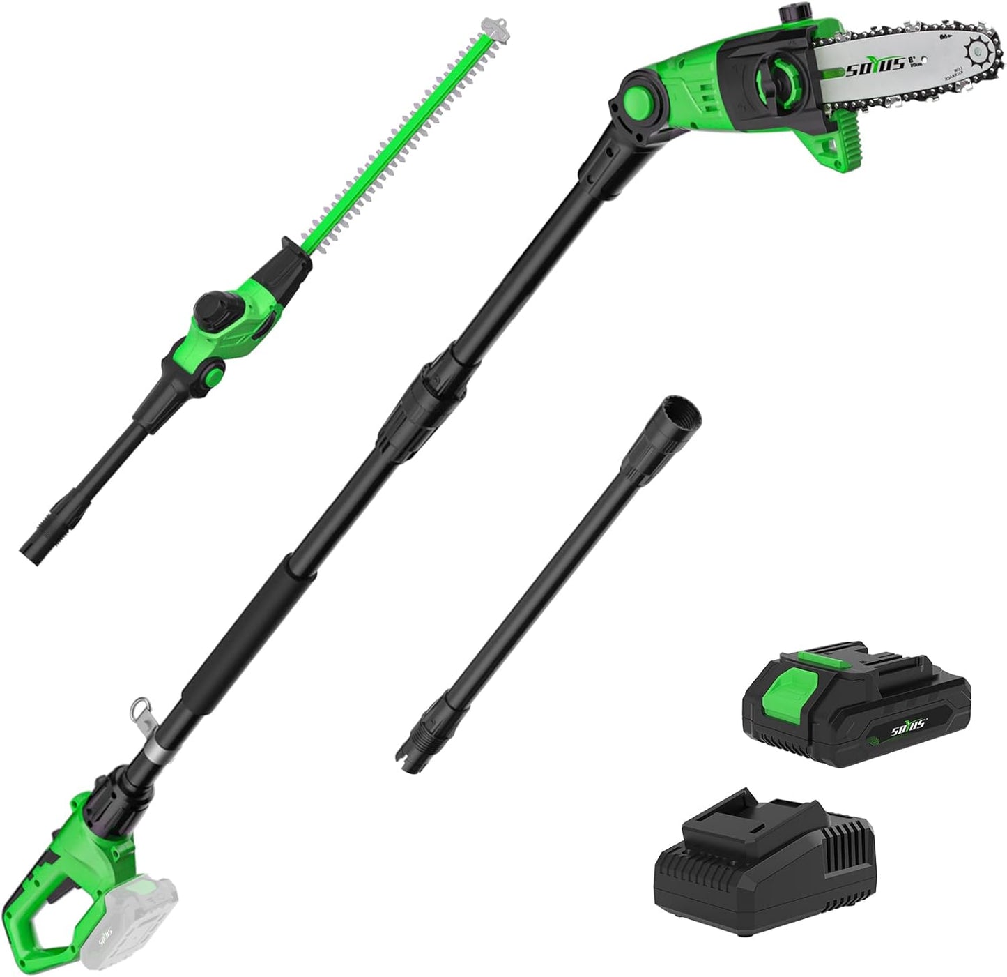 SOYUS Pole Saw 8-Inch Cordless and 18-Inch Pole Hedge Trimmer 2-in-1, 15-Foot Max Reach Pole Saw for Tree Trimming, 16ft/s Speed, Auto Oiling, Multi-Angle Pole Chainsaw with 2.0Ah Battery & Charger