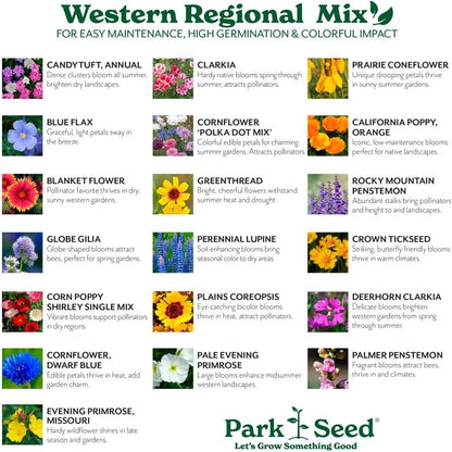 Park Seed Grow Your Own Vibrant Annual and Perennial Wildflower Garden Seeds Mixture, Easy to Grow Varieties for Pollinators and Spring Gardens - Western Regional Mix, 1/4 lb