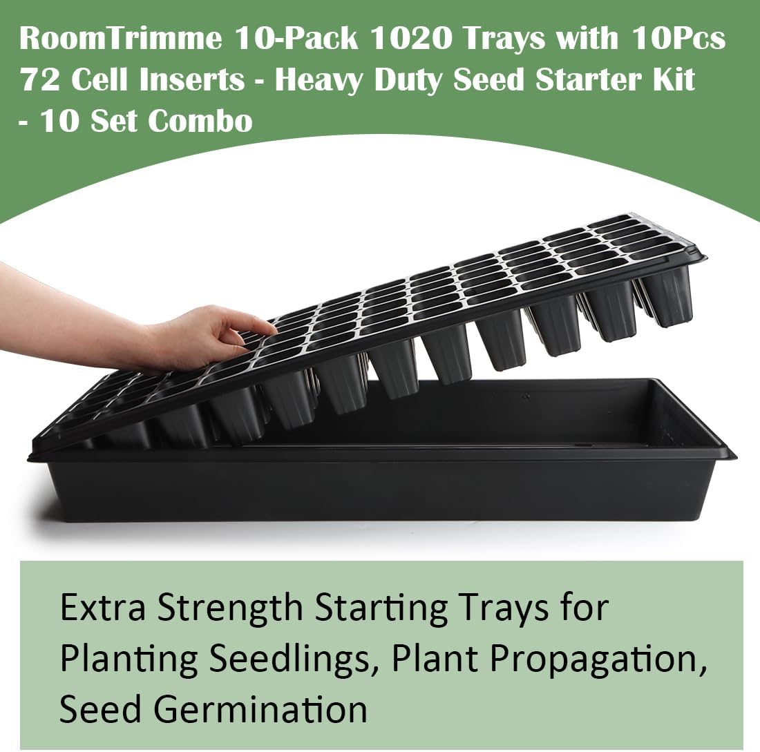 10 Pack 1020 Trays No Holes and 10 Pack 72 Cell Seed Starter Tray, 20" x 10" - Heavy Duty Reusable Plastic Seed Starter Kit for Microgreens, Seed Germination & Plant Propagation (10 Sets)