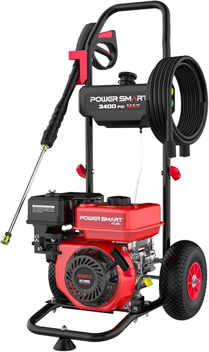 PowerSmart Gas Pressure Washer 3400 PSI, 2.5 GPM Gas Powered Pressure Washer, 212CC Engine, 10" Wheels, 5 Nozzles for Patio, Car, Driveway, Fence & Home Cleaning