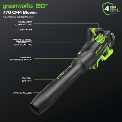 Greenworks 80V (770 CFM/190 MPH) Brushless Cordless Leaf Blower, Commercial-Grade Powerf for Autumn Leaf Composting, Spring Pollen Cleanup and Post-Snow Debris, Includes 4.0Ah Battery & Rapid Charger