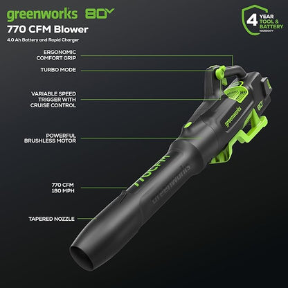 Greenworks 80V (770 CFM/190 MPH) Brushless Cordless Leaf Blower, Commercial-Grade Powerf for Autumn Leaf Composting, Spring Pollen Cleanup and Post-Snow Debris, Includes 4.0Ah Battery & Rapid Charger