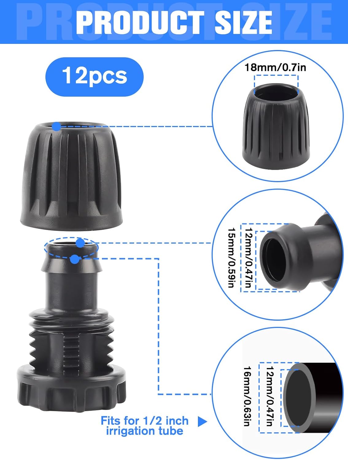 Kalolary 12PCS 1/2" Irrigation Fittings Drip Irrigation End Cap for (1/2" ID x0.6-0.63" OD) Tubing Anti-Drop Irrigation Fitting End Plug for Drip Tubing (1/2 End Caps)