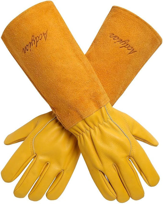 Acdyion Gardening Gloves for Women/Men Rose Pruning Thorn & Cut Proof Long Forearm Protection Gauntlet, Resistant Thick Cowhide Leather Work Garden Gloves