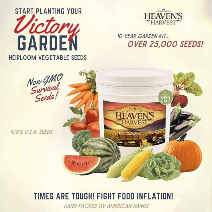 Heaven’s Harvest “10 Year Garden” Survival Seed Bank Kit | Over 75k Non GMO Heirloom Vegetable Survival Seeds + 2 Free Bonus Items: Clyde’s Garden Planner + Seed Vault Storage Drum for 10 Year Storage