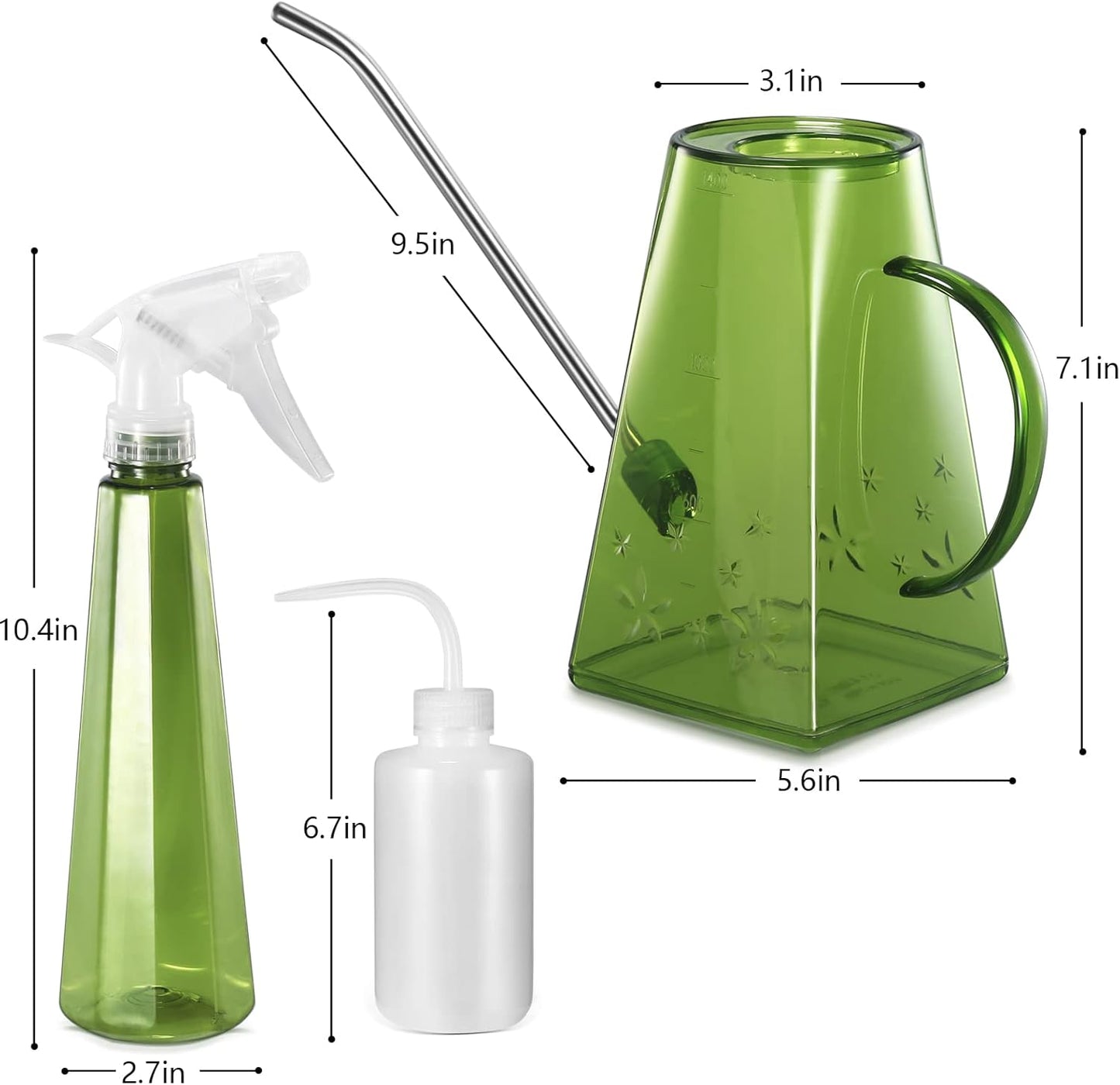 Goowin Indoor Plants Watering Can - Long Spout 47 oz with Bonus 16 oz Spray Bottle & 8.5 oz Squeeze Bottle, Green
