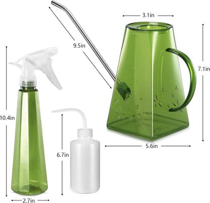 Goowin Indoor Plants Watering Can - Long Spout 47 oz with Bonus 16 oz Spray Bottle & 8.5 oz Squeeze Bottle, Green