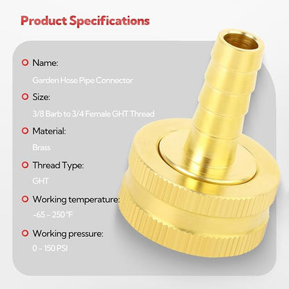 2Pcs 3/8 Barb to 3/4 GHT Female Thread Brass Garden Hose Pipe Connector, Hose Swivel Adapter for Garden Hose Repair