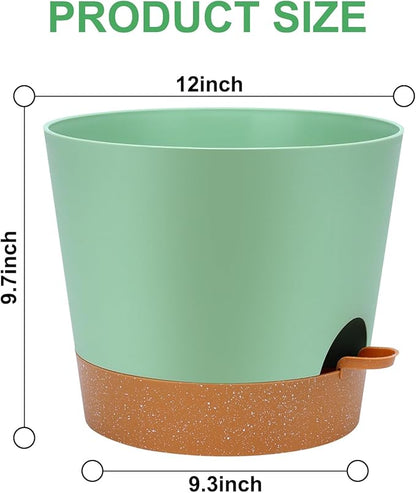 12 Inches Indoor Self Watering Planters with Drainage Holes and Saucers, 4 Pack (Green)