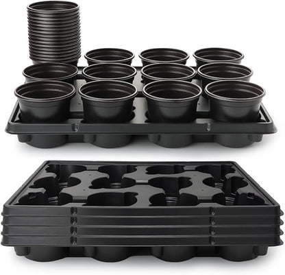 4 Inch Plastic Plant Pots 60 Pcs and 12 Cell Nursery Pots Trays 5 Pcs, Thick Sturdy Seeds Starting Germination Shuttle Carrying Trays, Black Small Planter Nursery Propagation 5 Sets