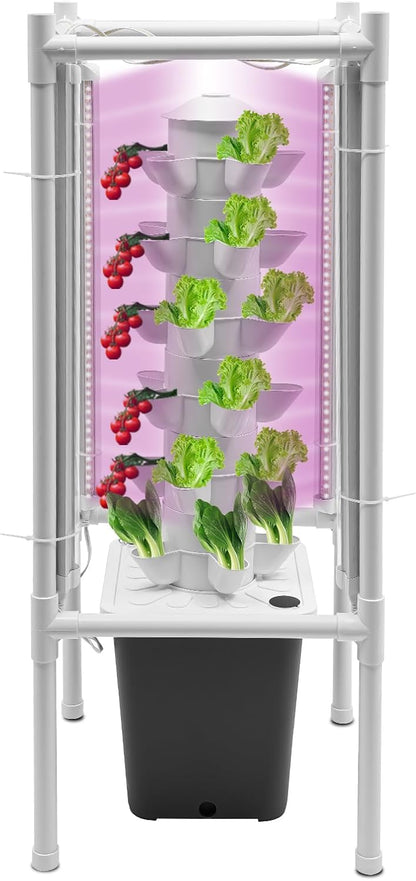 Vertical Hydroponic Tower Growing System,6Tiers 30Pods Home Hydronic Garden Kit with Water Pump&LED Light,Water Circulation Plants Germination System for Indoor Herbs Fruits & Vegetable (grey)