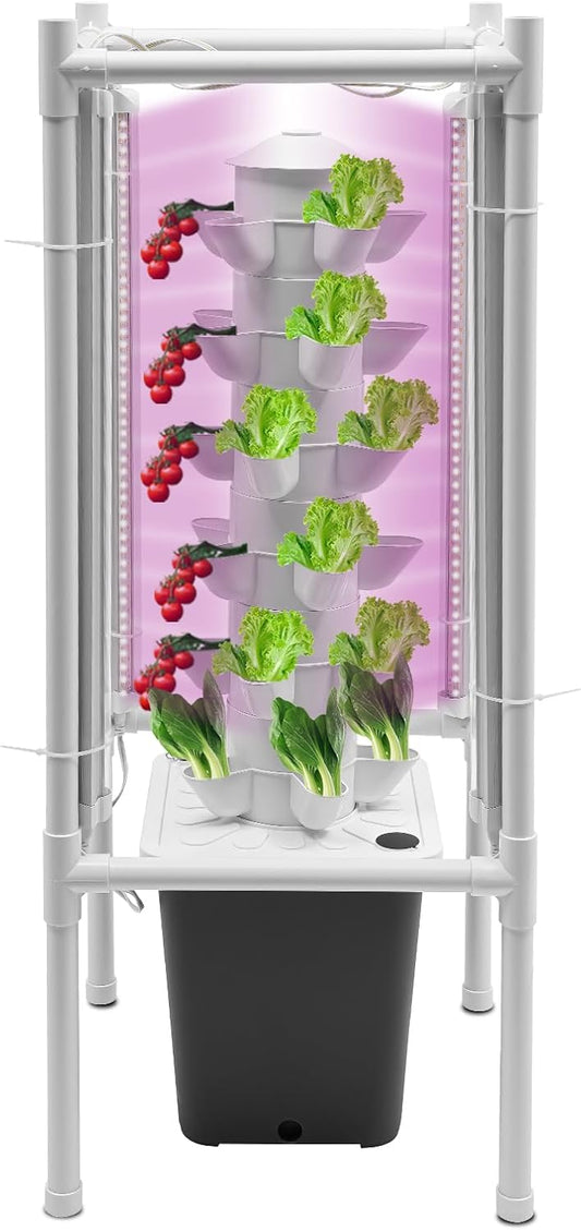 Vertical Hydroponic Tower Growing System,6Tiers 30Pods Home Hydronic Garden Kit with Water Pump&LED Light,Water Circulation Plants Germination System for Indoor Herbs Fruits & Vegetable (grey)
