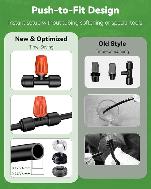 Pawfly 60 Pcs Push-to-Fit Drip Irrigation Spray Emitters with Adjustable 360 Degree Water Flow, Irrigation Drippers with End Plugs, Tee Misting Atomizing Nozzles Micro Sprayers for 1/4 Inch Tubing