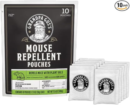 Grandpa Gus’s Extra-Strength Mouse Repellent Pouches, Peppermint & Cinnamon Oil, Natural Rodent Deterrent Control for Garage, RV, Car, Basement, Attic, Storage, 1.75 Oz (Pack of 10)