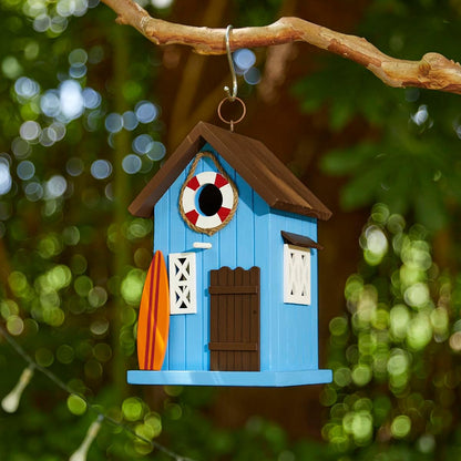 Glitzhome Blue Bird Houses for Outdoors, 10" H Modern Solid Wood Cottage Hand Painted Hanging Bird House Beach Hut Decorative Pet Cottage Outdoor Garden Birdhouse for Wren Finch Cardinals,Blue