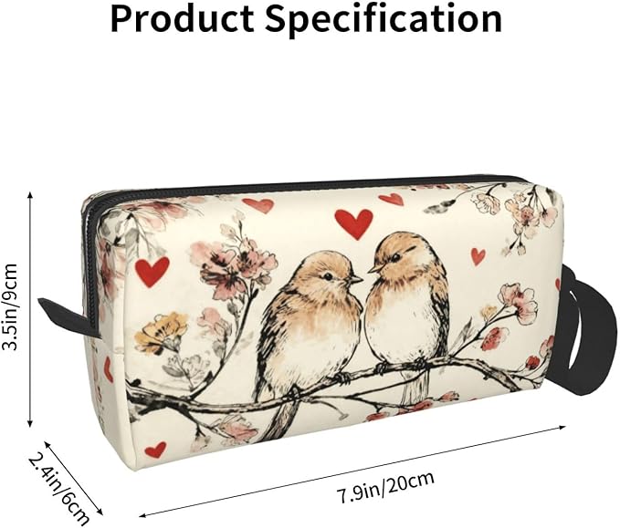 Vintage Lovebirds Floral Hearts Makeup Bag Organizer Compact & Durable Birds Travel Cosmetic Bag Oxford Fabric Impact-Resistant Multi-Purpose Storage Perfect for Travel, Gym, Daily Use