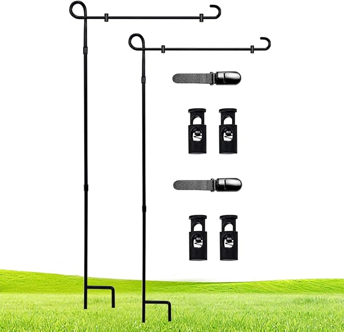 2 Pack Garden Flag Stand Holder Pole,Premium Powder-Coated Weather-Proof Metal Paint Yard Flag Stand with Tiger Clip and Spring Stoppers,House Flag Pole Holder for Outdoor Garden Lawn