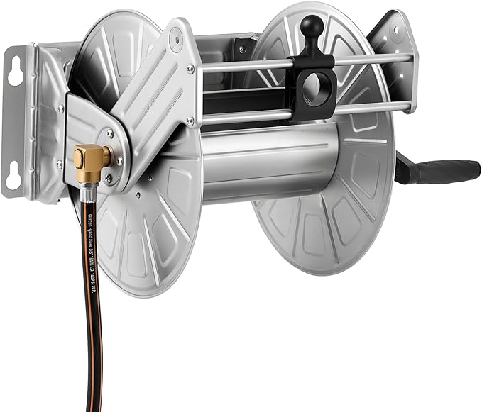 VEVOR Stainless Steel Garden Hose Reel Wall/Floor Mounted, Heavy Duty Manual Hose Winder Holds 150 ft 5/8 in Water Hoses, Outdoor Reel with Brass Fittings & 5 ft Leader Hose for Lawn, Yard, Garage