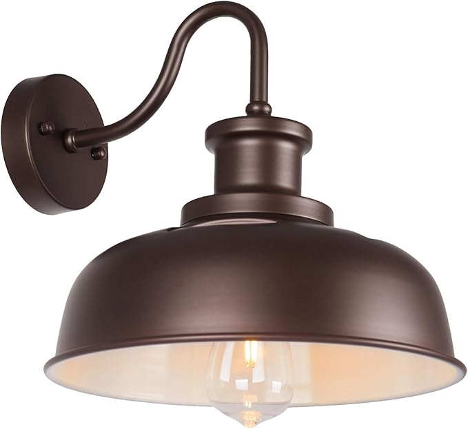 Solar Barn Light for Outside, Gooseneck Outdoor Wall Lights Solar Powered, Farmhouse Exterior Wall Sconce, Industrial Outside Lighting Fixture, Rustic Lantern for Garage, Barn, Shed, RZSR007 OW