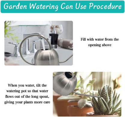 Hamiledyi 50 oz/1500 ml Stainless Steel Watering Can with Long Spout Metal Watering Can Indoor Outdoor Flower Watering Pot for Garden Orchid Bonsai Office Desk Plants (Silver)