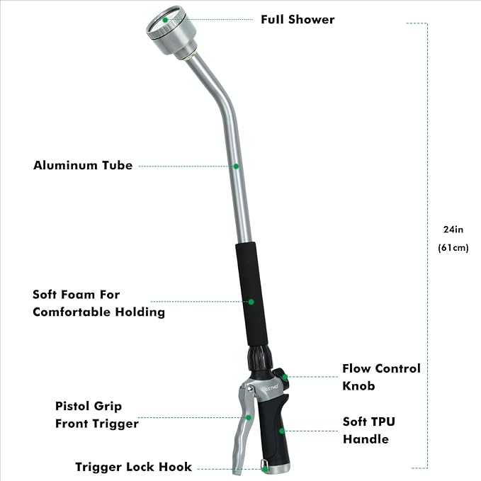 RESTMO Long Watering Wand, 24 Inches Gentle Soft Full Shower Sprayer Wand with Flow Control, Heavy Duty Metal Hose Wand for Hanging Baskets, Shrubs, Plants, Flowers, Garden and Lawn, Black
