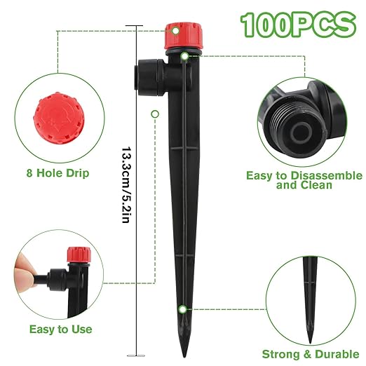 100PCS Drip Irrigation Emitters, Kalolary Adjustable 360 Degree Water Flow Drippers Emitters for 1/4" Drip Irrigation System Tubing, Garden Irrigation Drippers for House Garden Flower beds(Red)