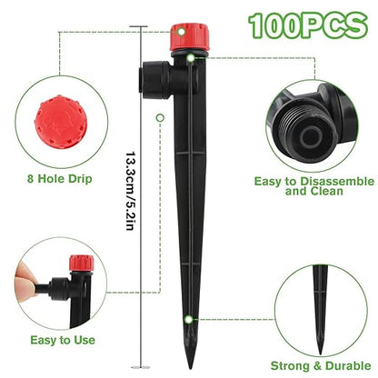 100PCS Drip Irrigation Emitters, Kalolary Adjustable 360 Degree Water Flow Drippers Emitters for 1/4" Drip Irrigation System Tubing, Garden Irrigation Drippers for House Garden Flower beds(Red)